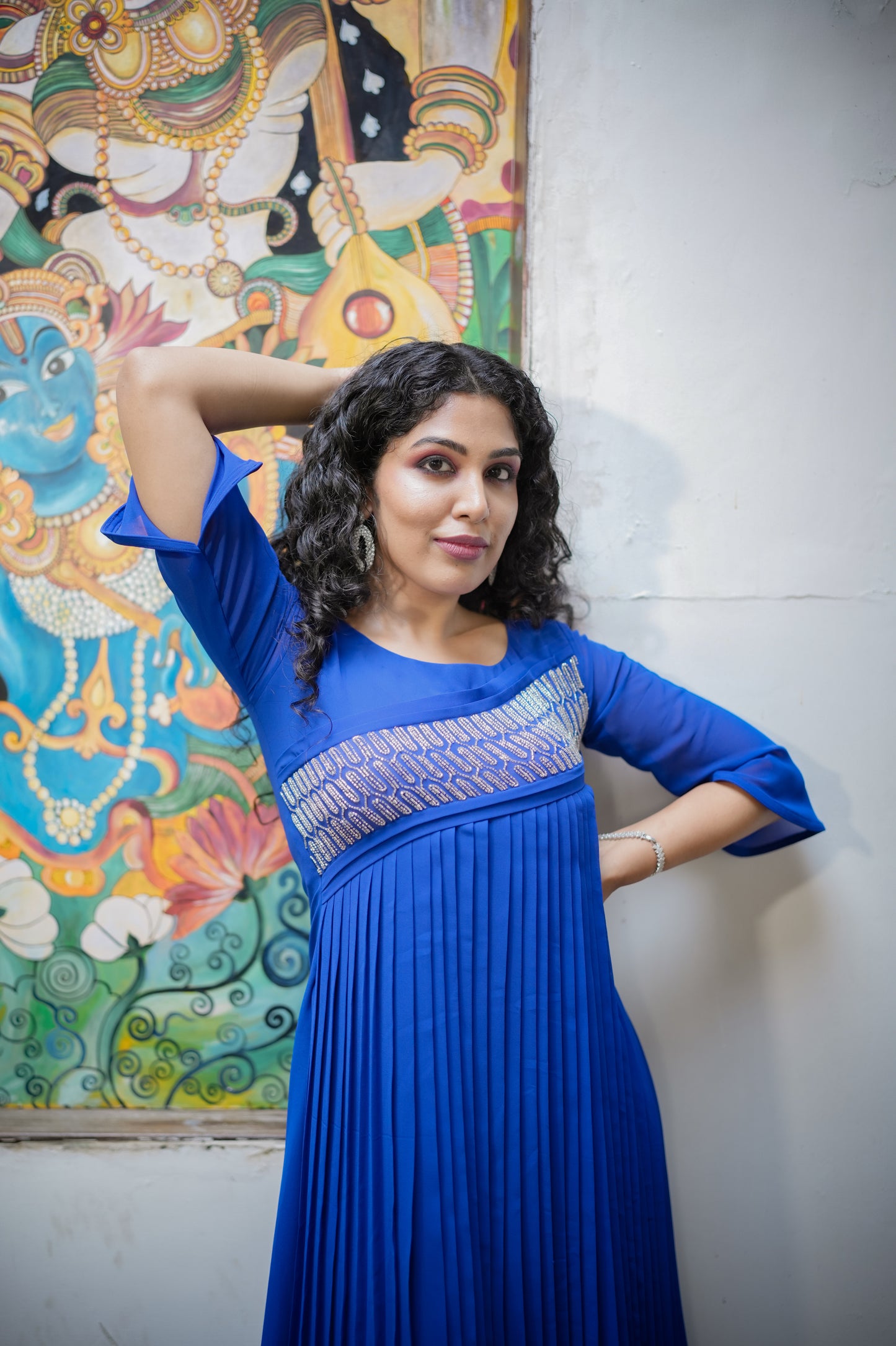 Royal blue georgette Aline kurti with hand embroidery