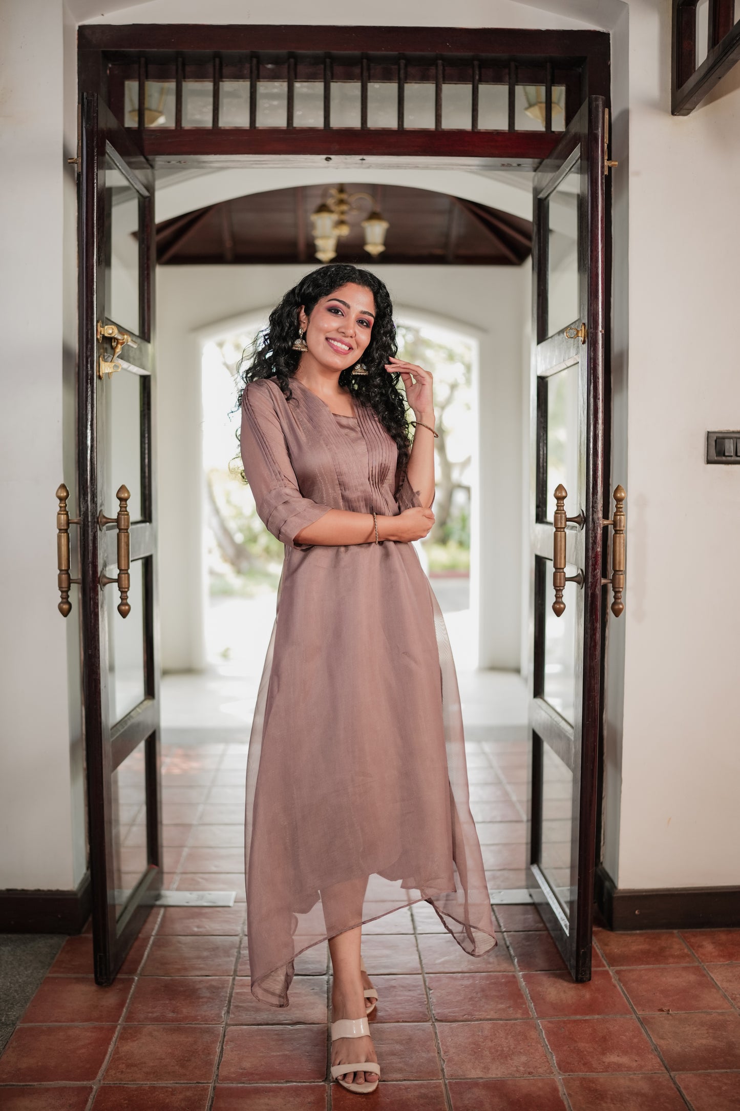 Self golden threaded Jute organza Aline kurti in Pastel chocolate shade