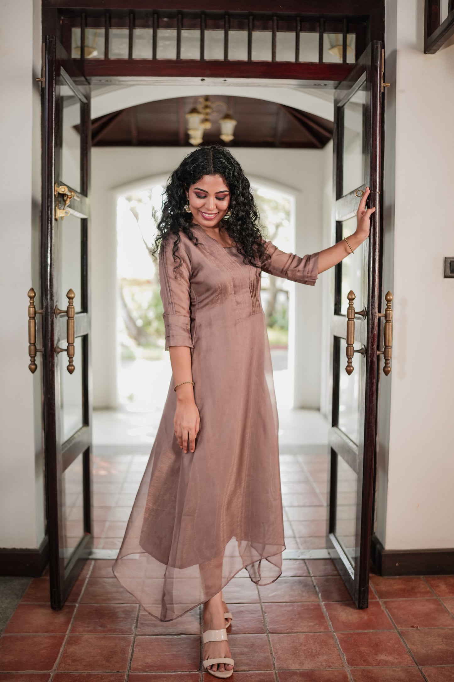 Self golden threaded Jute organza Aline kurti in Pastel chocolate shade