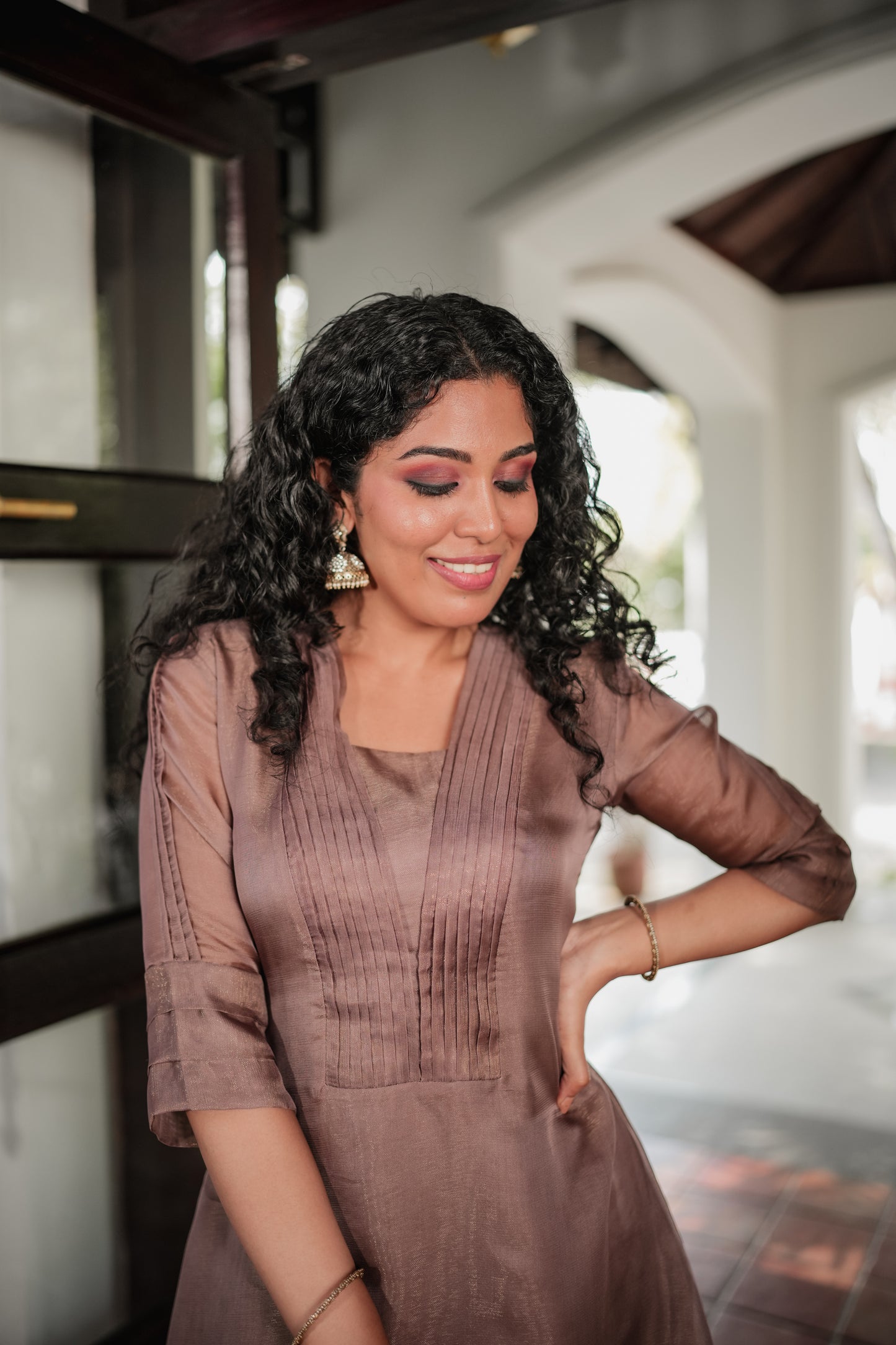 Self golden threaded Jute organza Aline kurti in Pastel chocolate shade