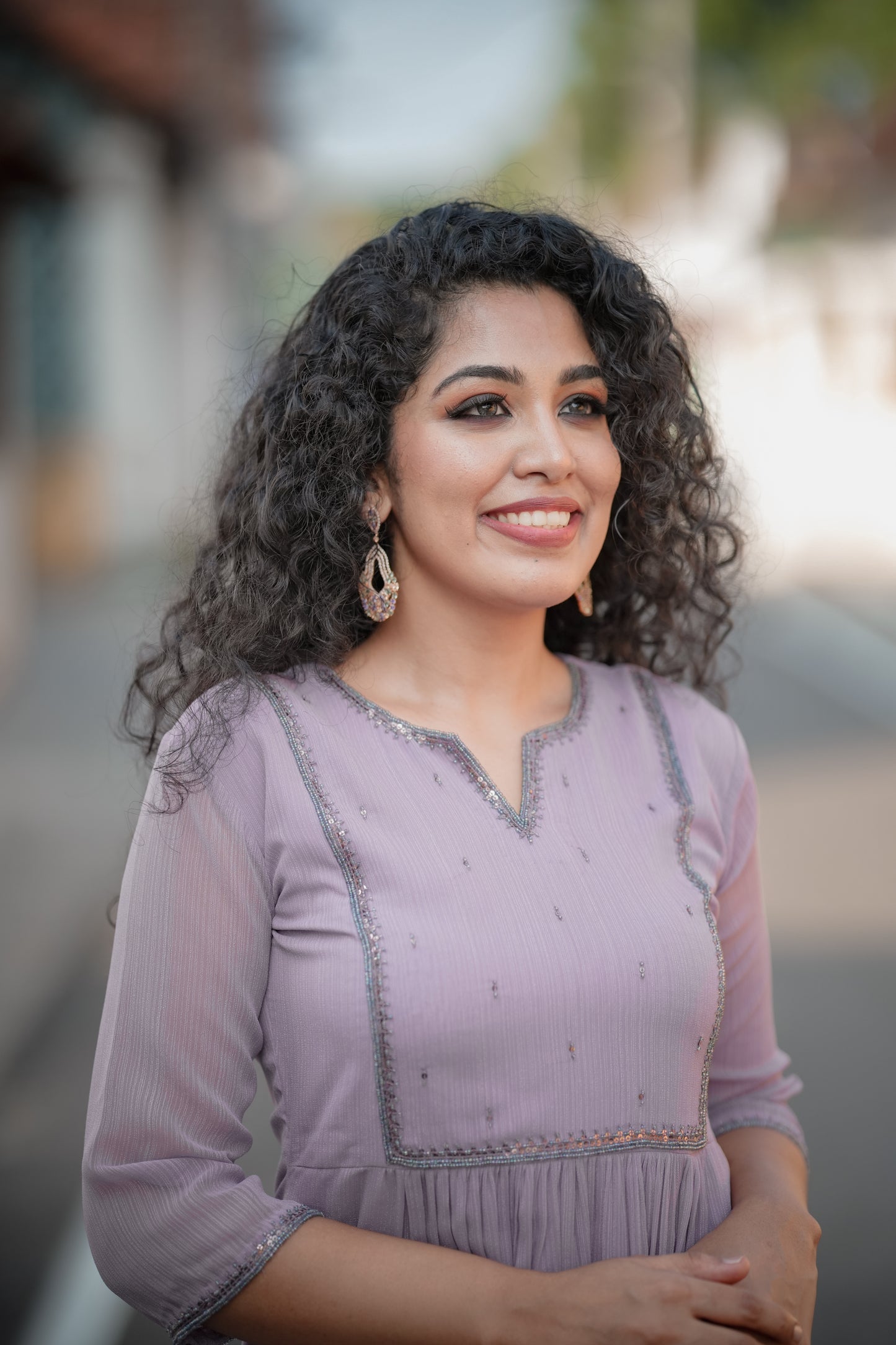 Lavender shaded self lined georgette Aline kurti with handworked yoke