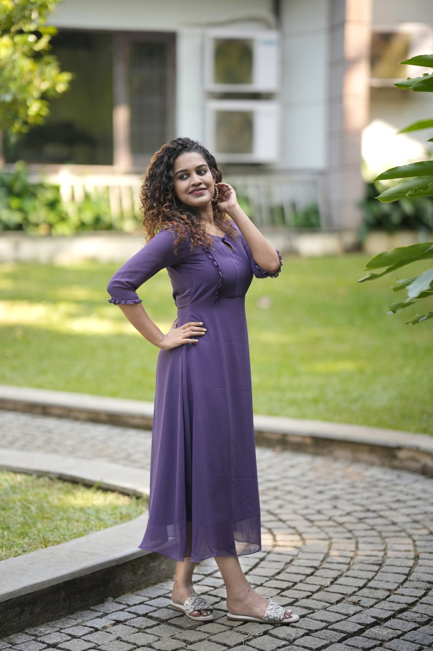 Dark lavender Georgette Aline kurti with pleats and frills