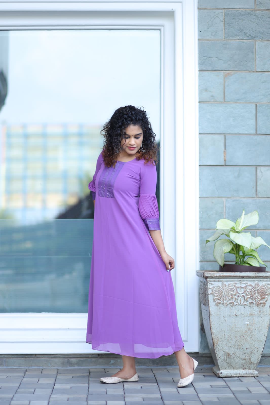Lavender Aline georgette kurti with designer sleeves