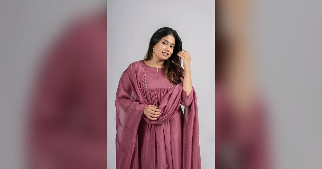 Woman in an onion pink handworked kurti with a matching scalloped dupatta, how to wash embroidered dupatta