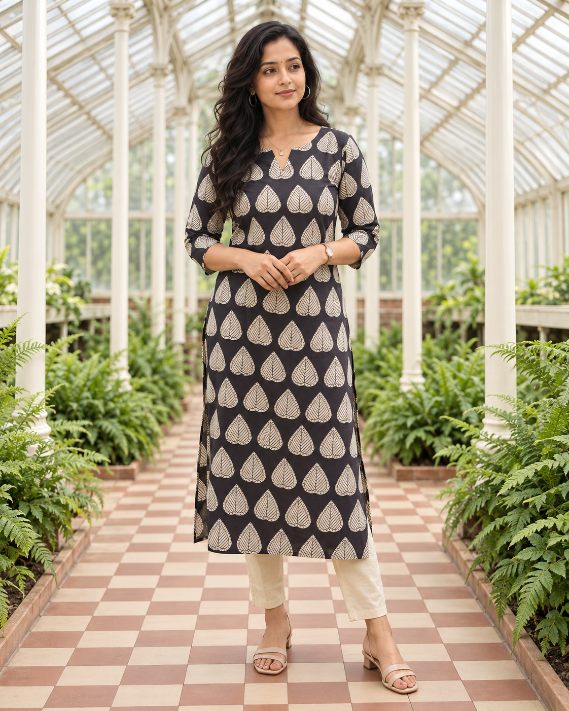 Black slitted kurti with leaf prints MBS-1517 **Ready to dispatch**