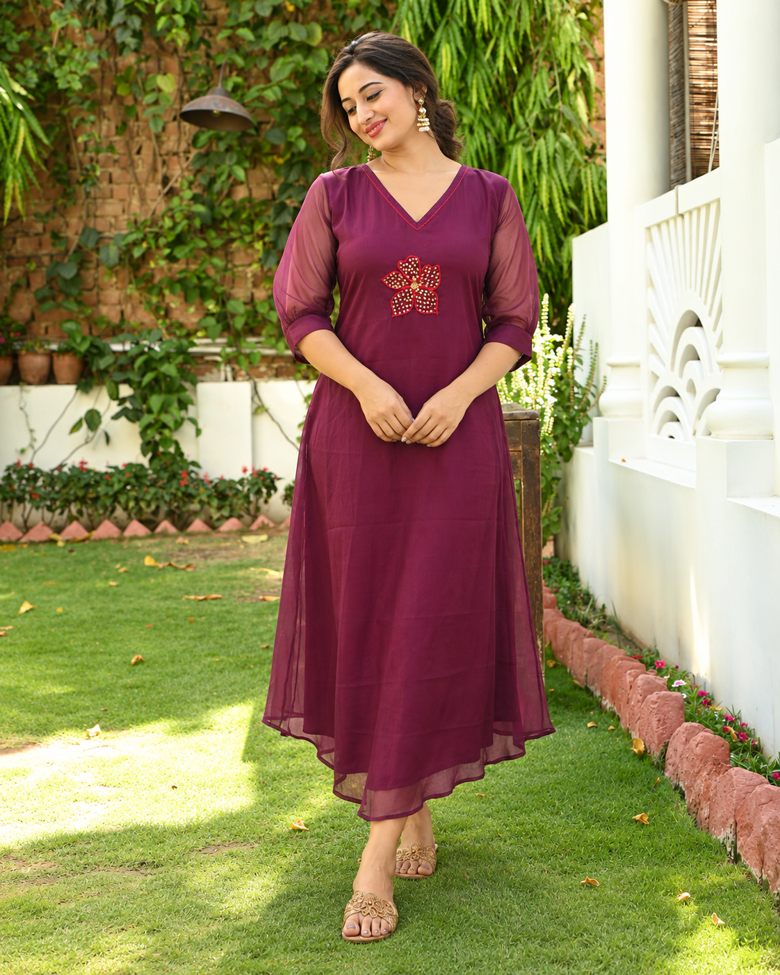 Burgundy organza Aline kurti with hand embroidery and anchor thread detailings MBS-1545 **Ready to dispatch**
