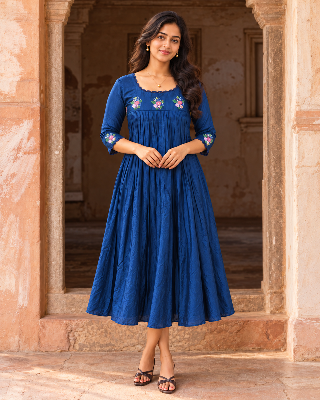 Blue muslin silk Aline kurti with handworked yoke and lace detailings MBS-1467 **Ready to dispatch**
