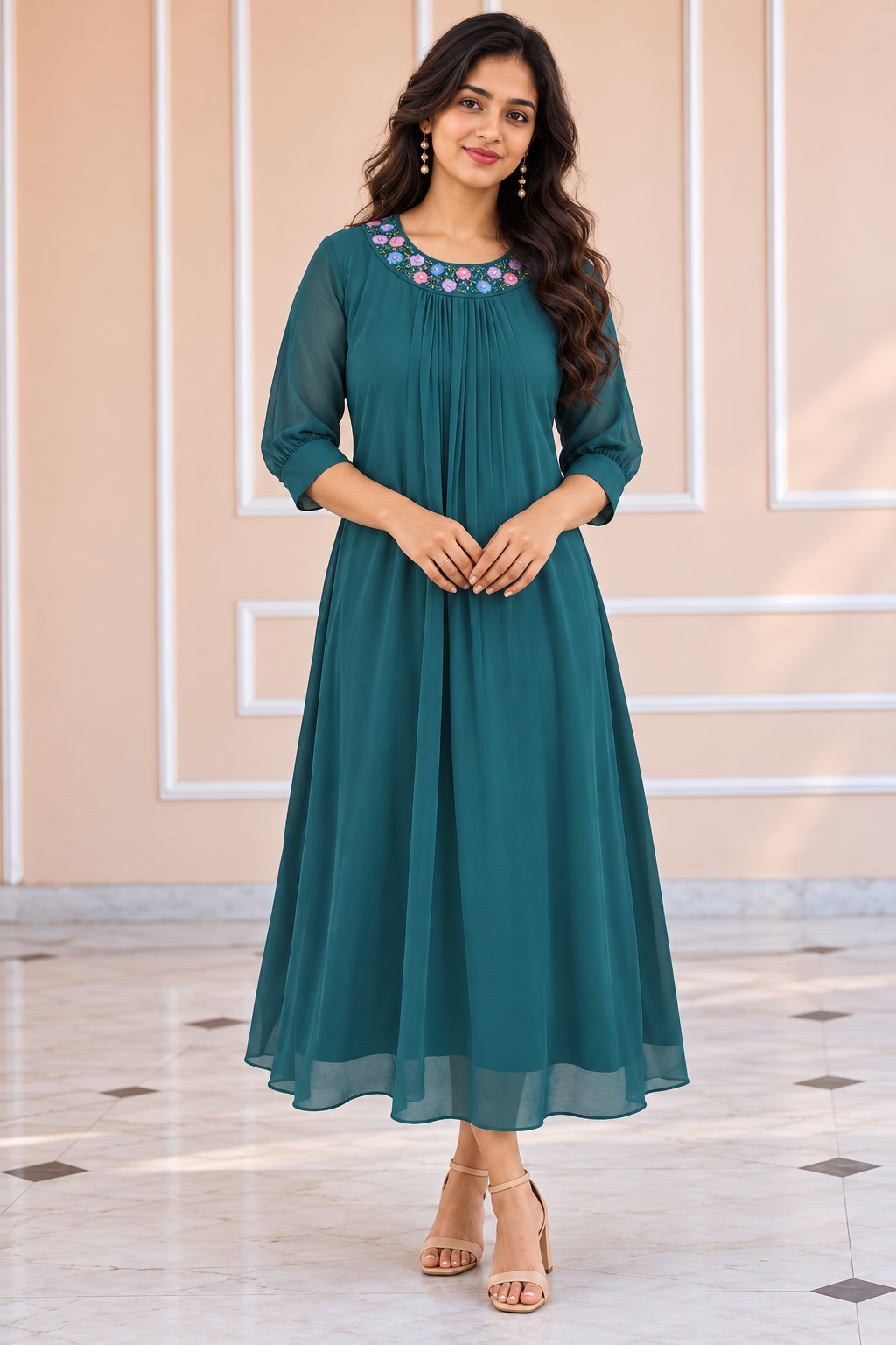 Dusty green shaded georgette Aline kurti handworked neckline MBS-1446 **Ready to dispatch**