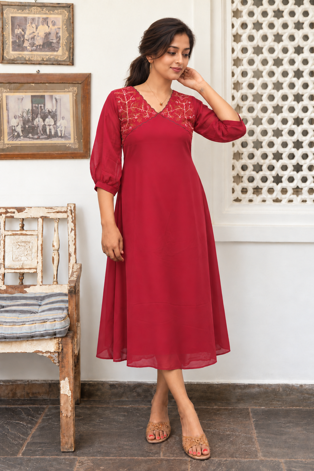 Brick red shaded georgette Aline kurti with handworked yoke MBS-1539 **Ready to dispatch**