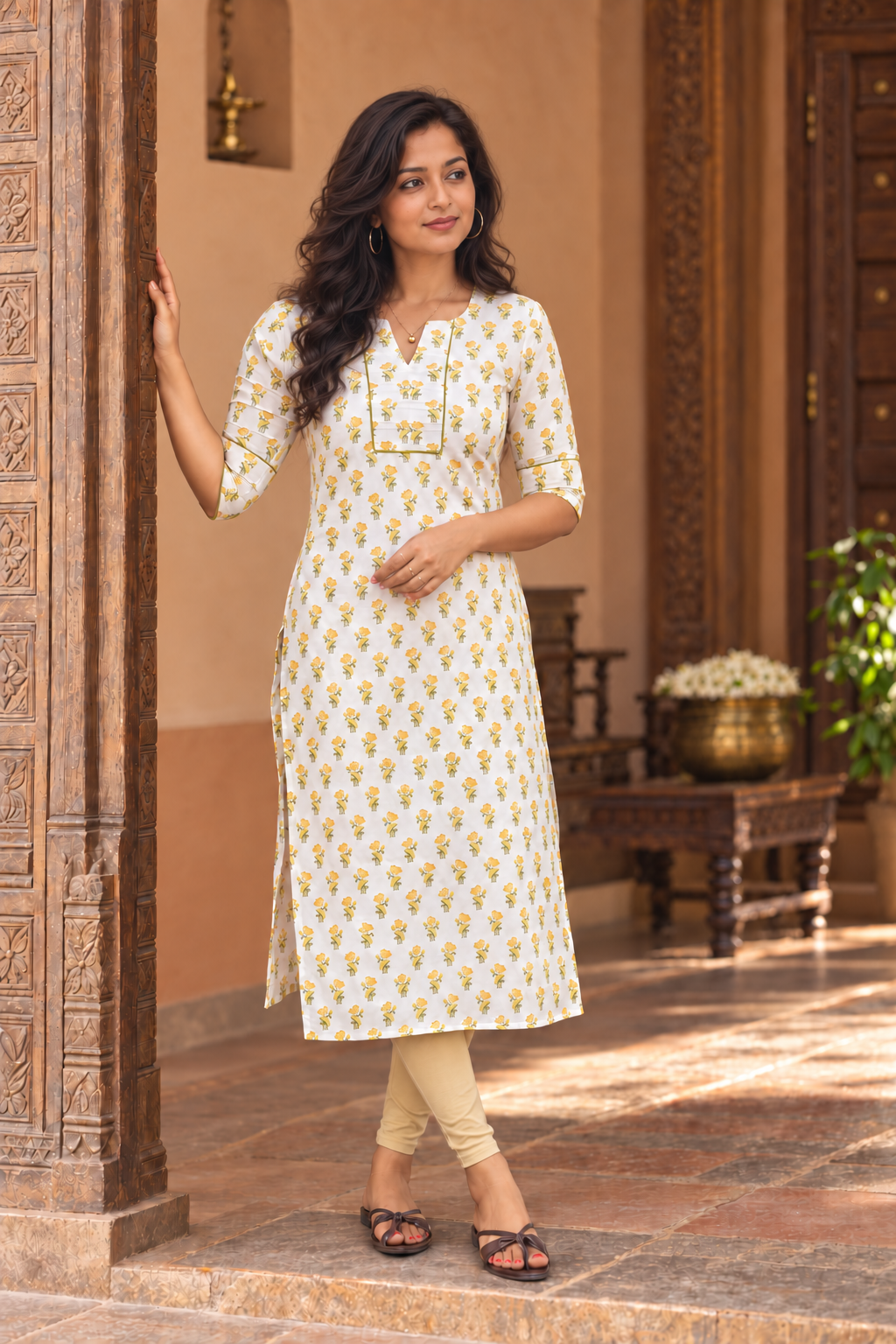 Offwhite shaded yellow floral printed cotton slitted Kurti MBS-1534 **Ready to dispatch**