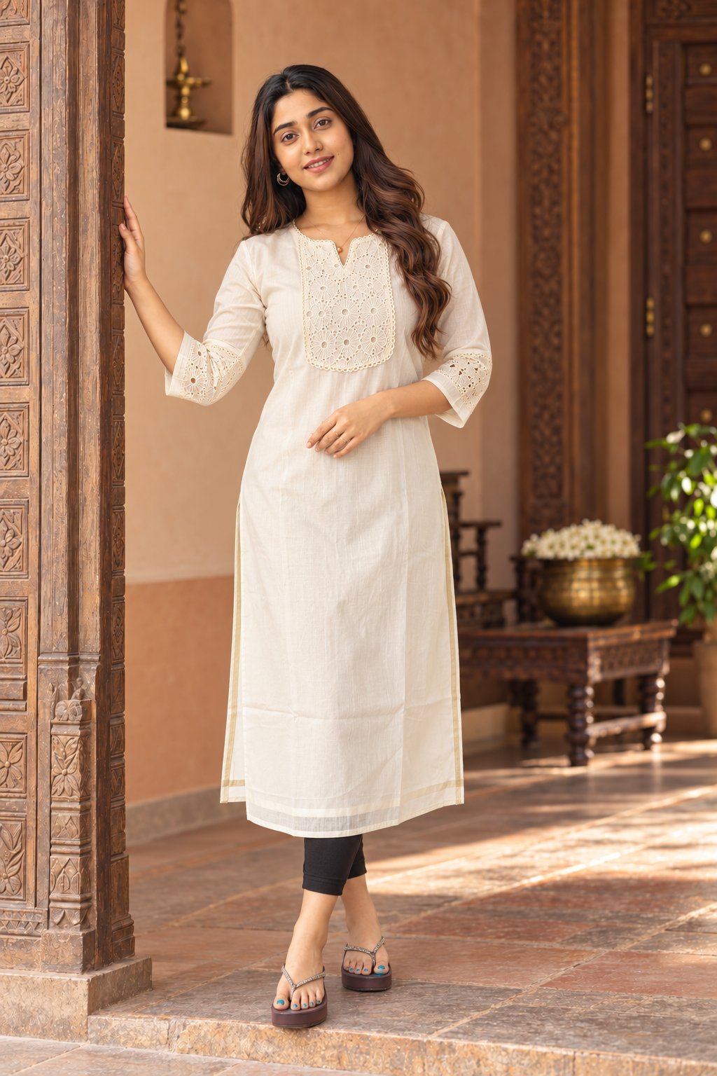 Kora cotton slitted kurti with hacoba yoke MBS-1390 **Ready to dispatch**
