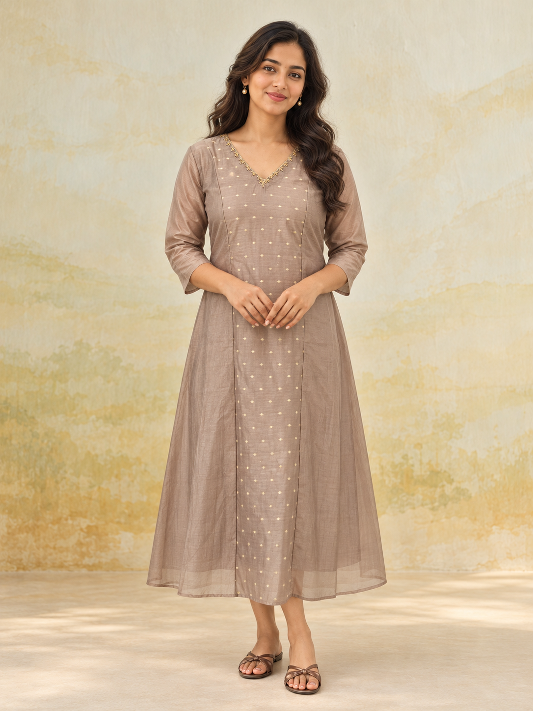 Dark beige shaded viscose mul chanderi panel cut Aline kurti with handworked neckline MBS-1505