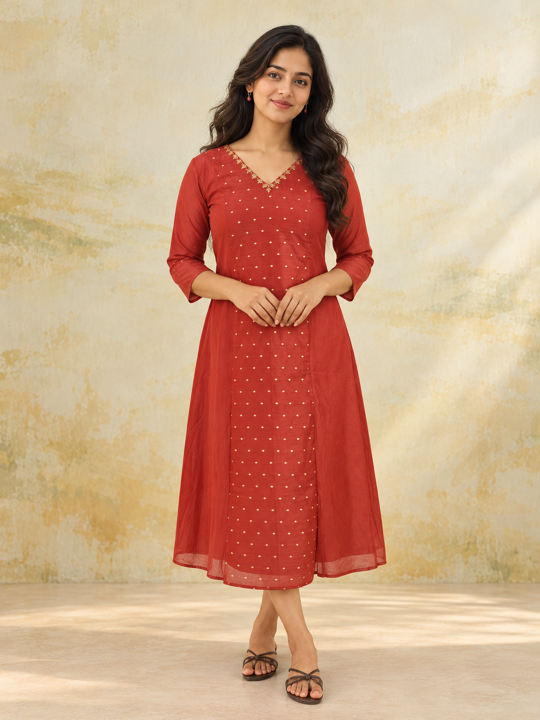 Brick red shaded viscose mul chanderi panel cut Aline kurti with handworked neckline MBS-1504