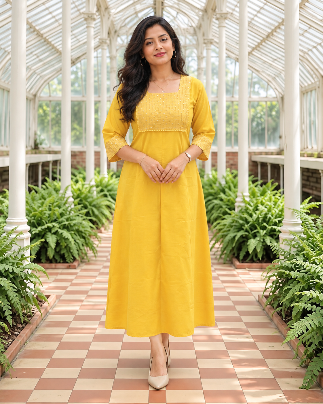 Yellow slub cotton Aline Kurti with pintucked yoke and lace MBS-1556 **Ready to dispatch**