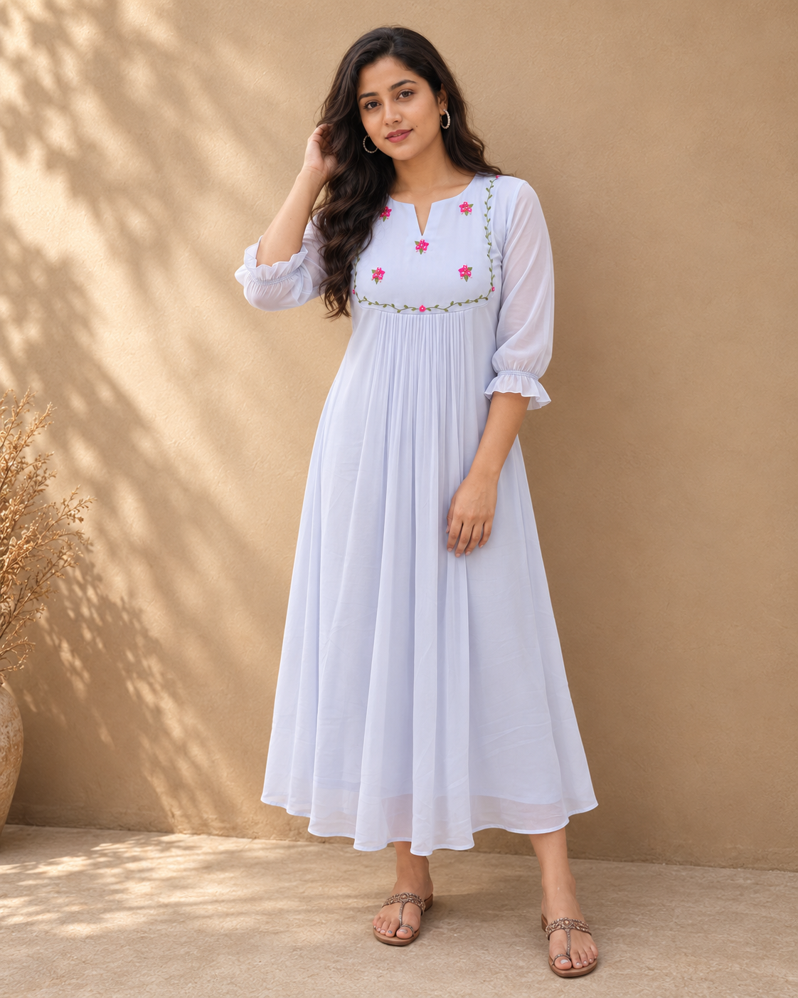Pastel blue georgette Aline kurti with hand embroidered yoke MBS-1542 **Ready to dispatch**