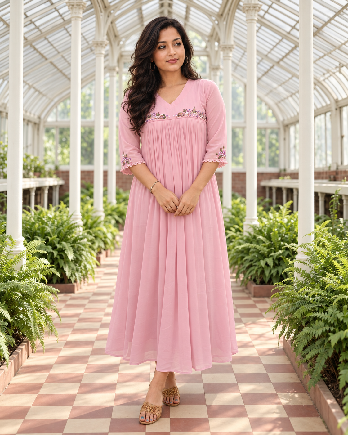 Tea rose georgette Aline kurti with hand worked yoke and sleeves MBS-1521 **Ready to dispatch**