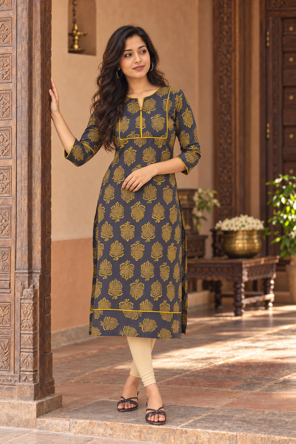 Yellow floral Printed pure cotton slitted Kurti MBS-1519 **Ready to dispatch**