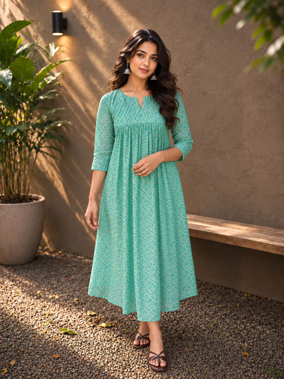 Green printed soft georgette Aline kurti with pintucked yoke MBS-1427 **Ready to dispatch**