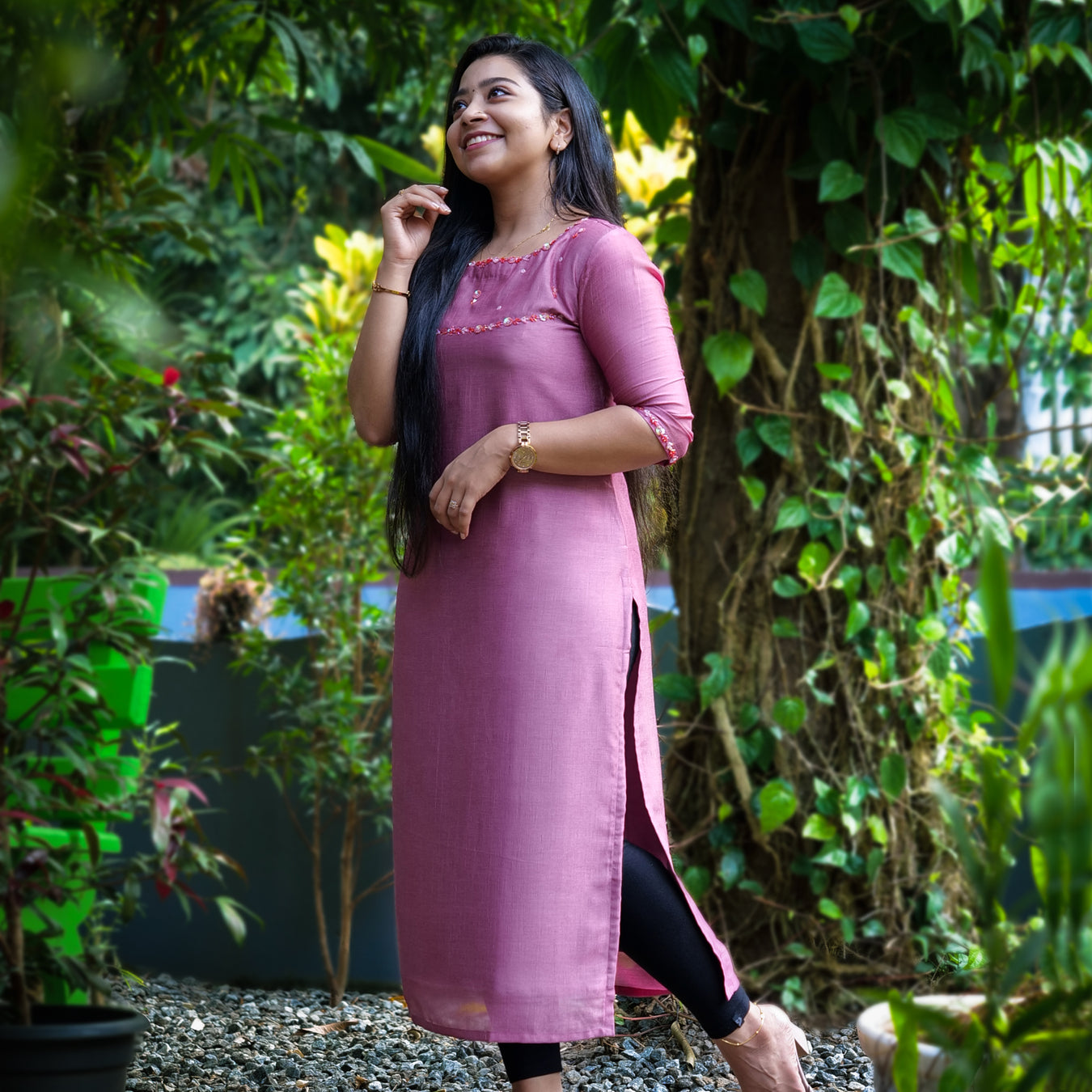 Onion pink shaded badri silk straight cut kurti with handwork detailed yoke and sleeve MBS-335