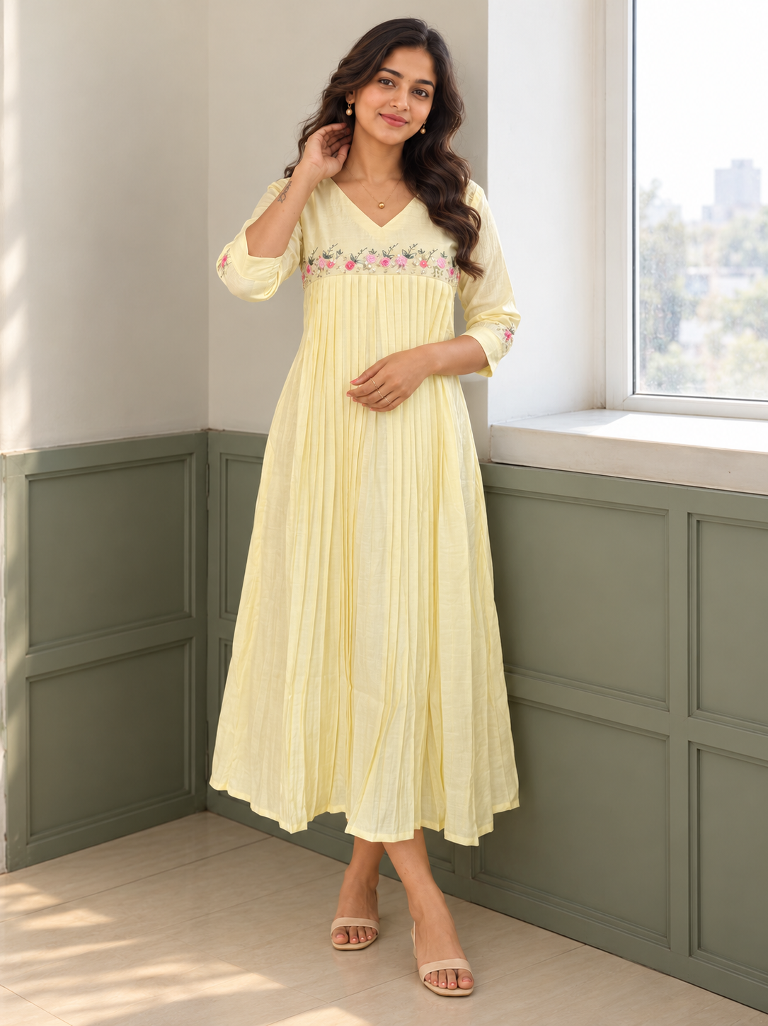 Yellow shaded vertical self stripped cotton Aline kurti with hand embroidered yoke MBS-1452