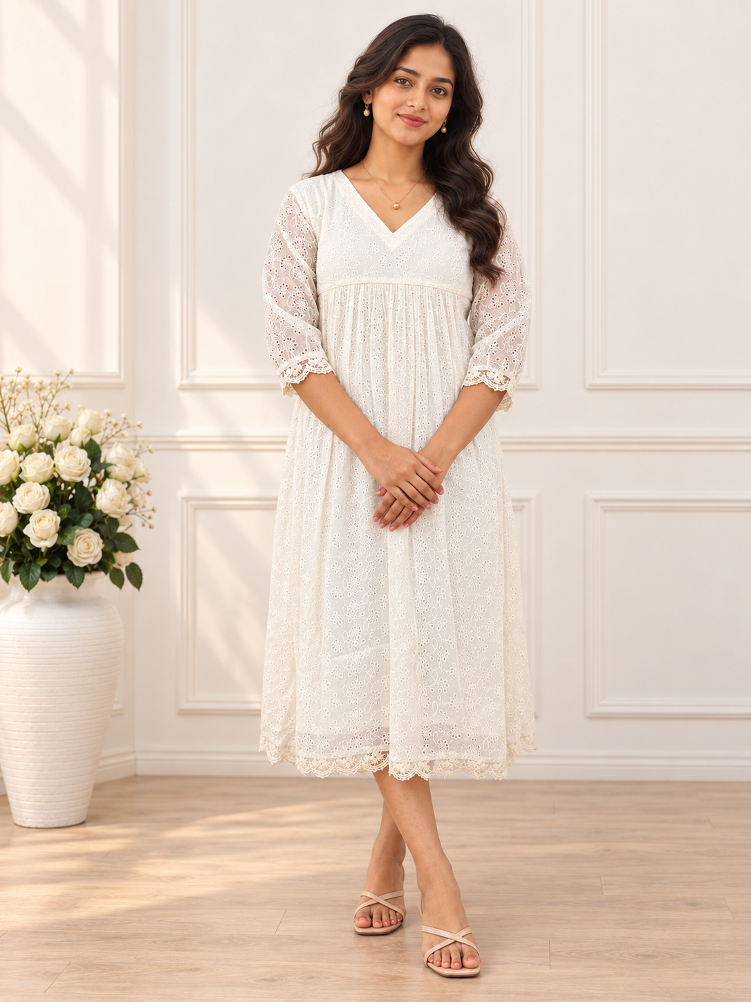 Off-white mul chanderi with floral thread cutworked fabric Aline kurti with lace detailings MBS-1416
