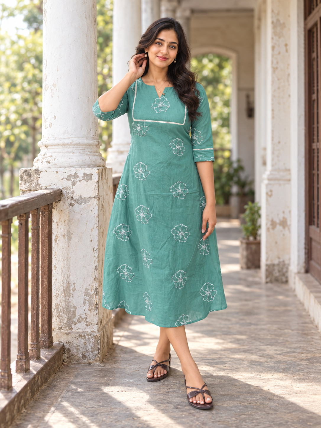 MBS1498 Aqua green shaded viscose mul chanderi Aline kurti with all over floral thread embroidery detailings MBS-1498 **Ready to dispatch**