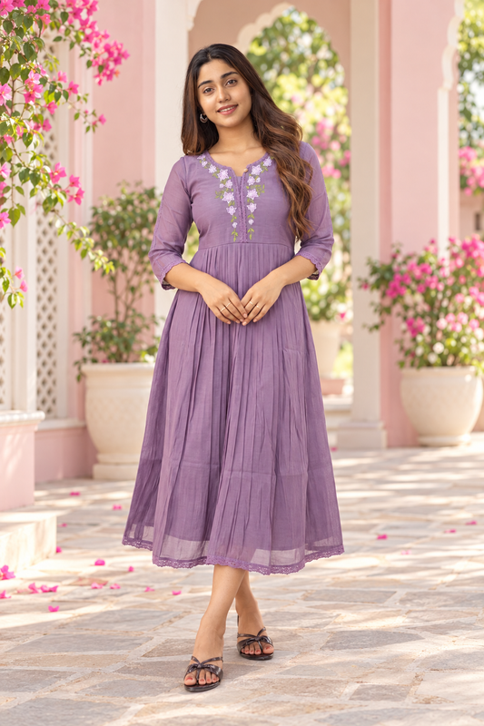 Lavender shaded roman silk Aline Kurti with hand embroidery and lace detailings MBS-1269