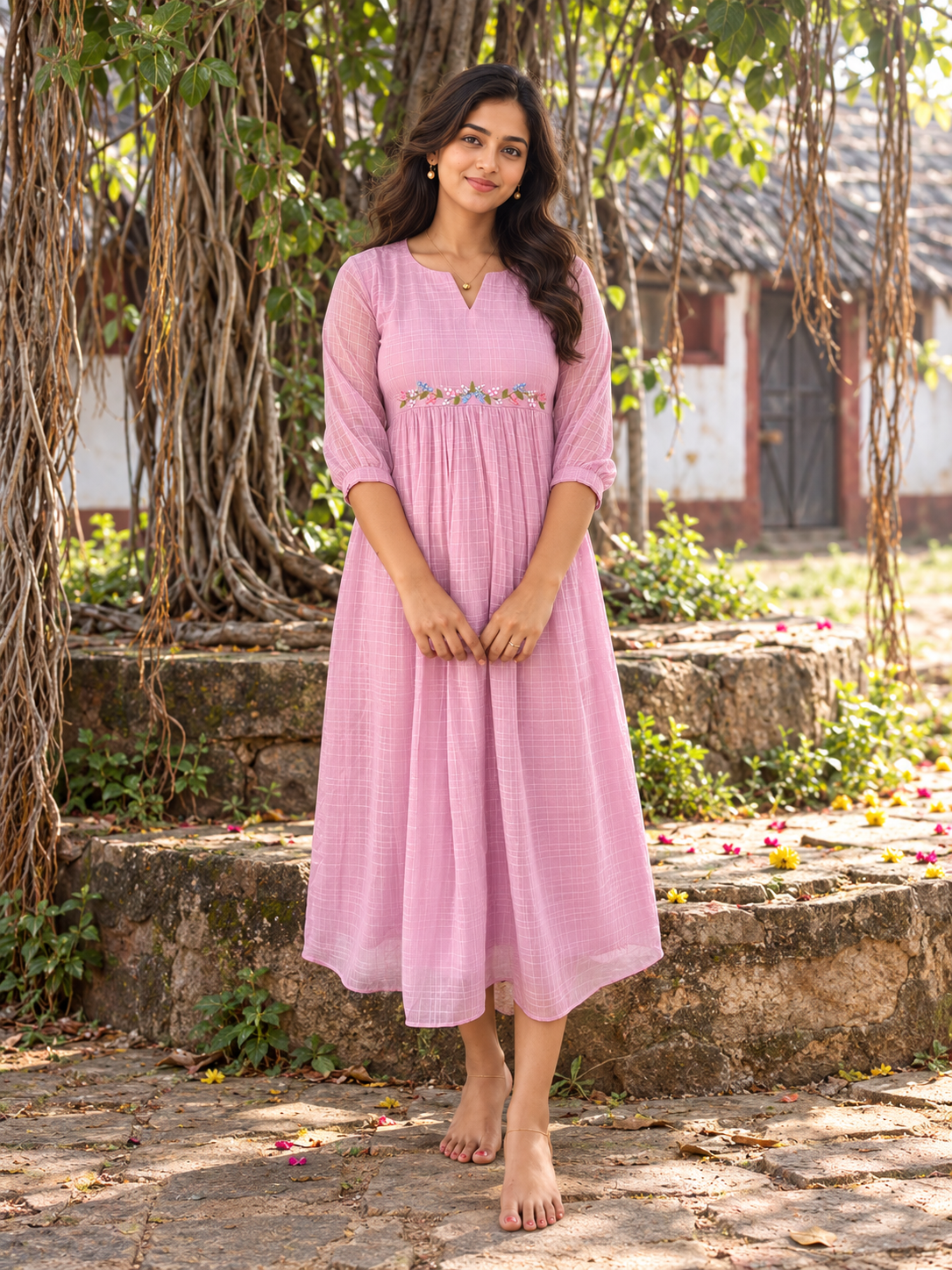 Self-checked pastel pink georgette Aline handworked kurti MBS-1441 **Ready to dispatch**