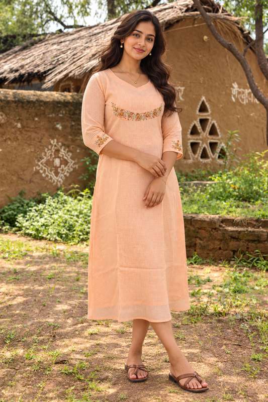 Peachy Orange shaded soft kota checks Aline kurti with handworked yoke MBS-1493