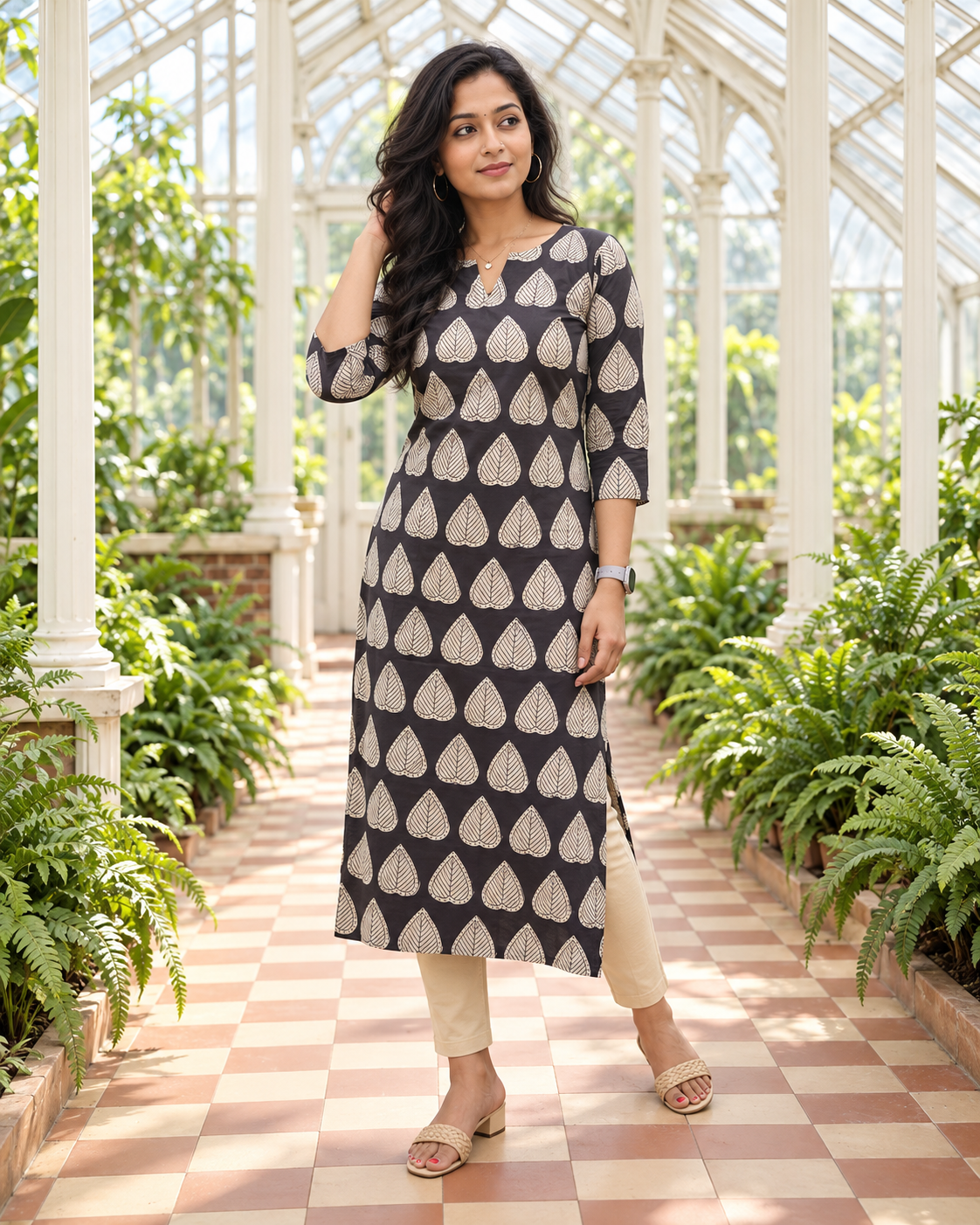Black slitted kurti with leaf prints MBS-1517 **Ready to dispatch**