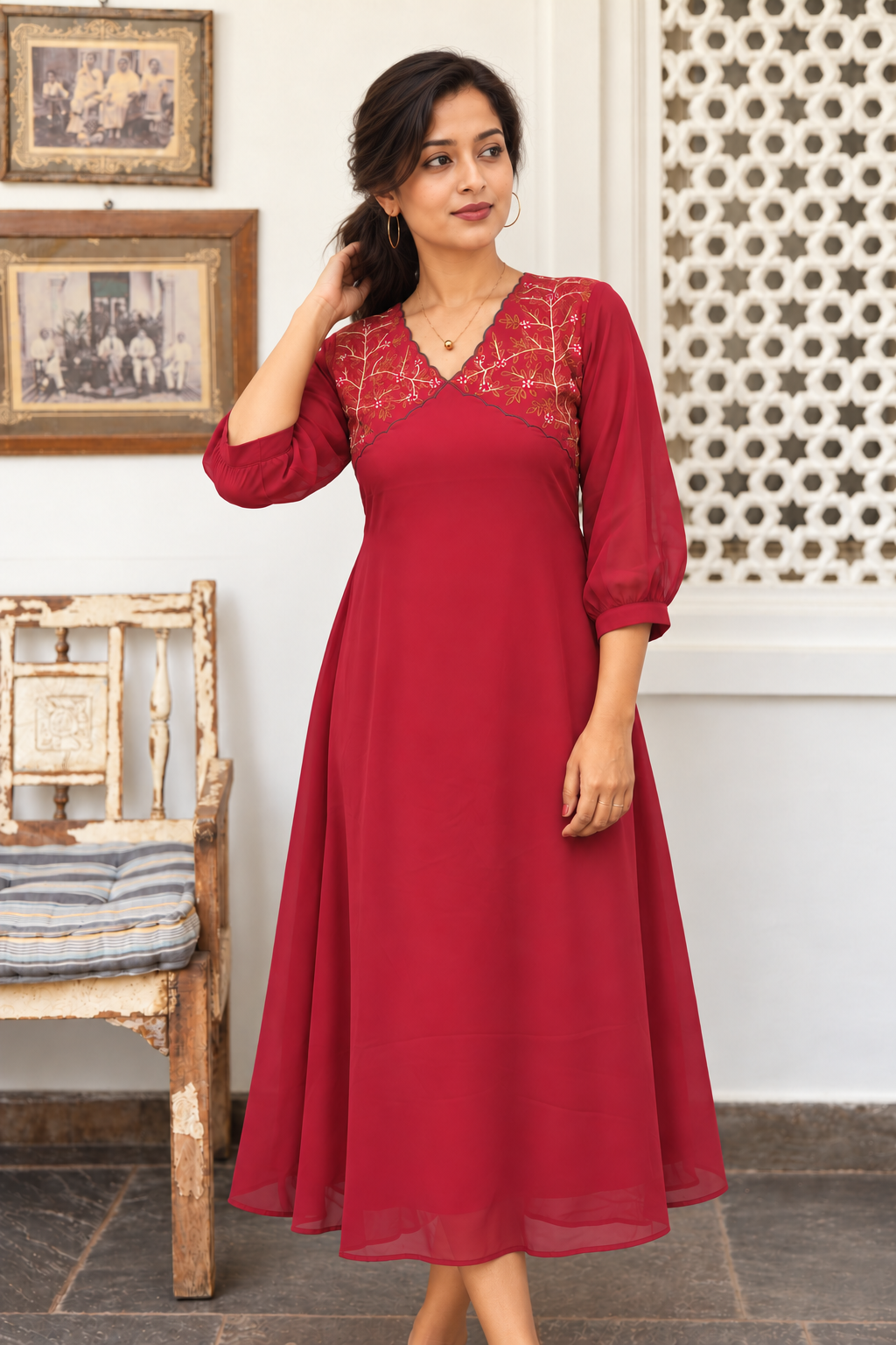 Brick red shaded georgette Aline kurti with handworked yoke MBS-1539 **Ready to dispatch**