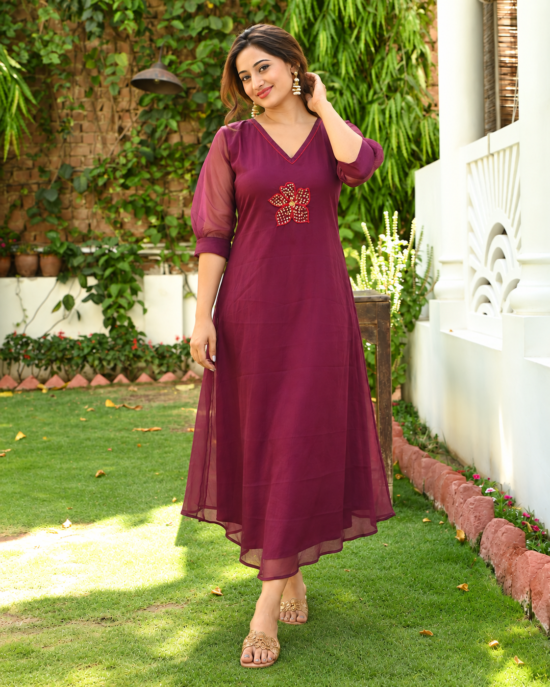 Burgundy organza Aline kurti with hand embroidery and anchor thread detailings MBS-1545 **Ready to dispatch**