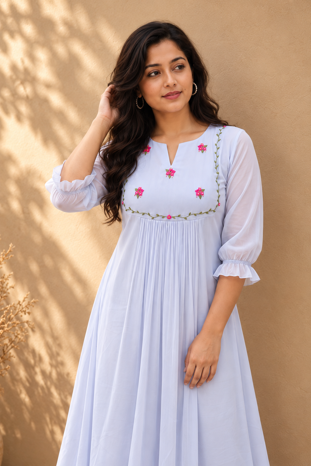 Pastel blue georgette Aline kurti with hand embroidered yoke MBS-1542 **Ready to dispatch**