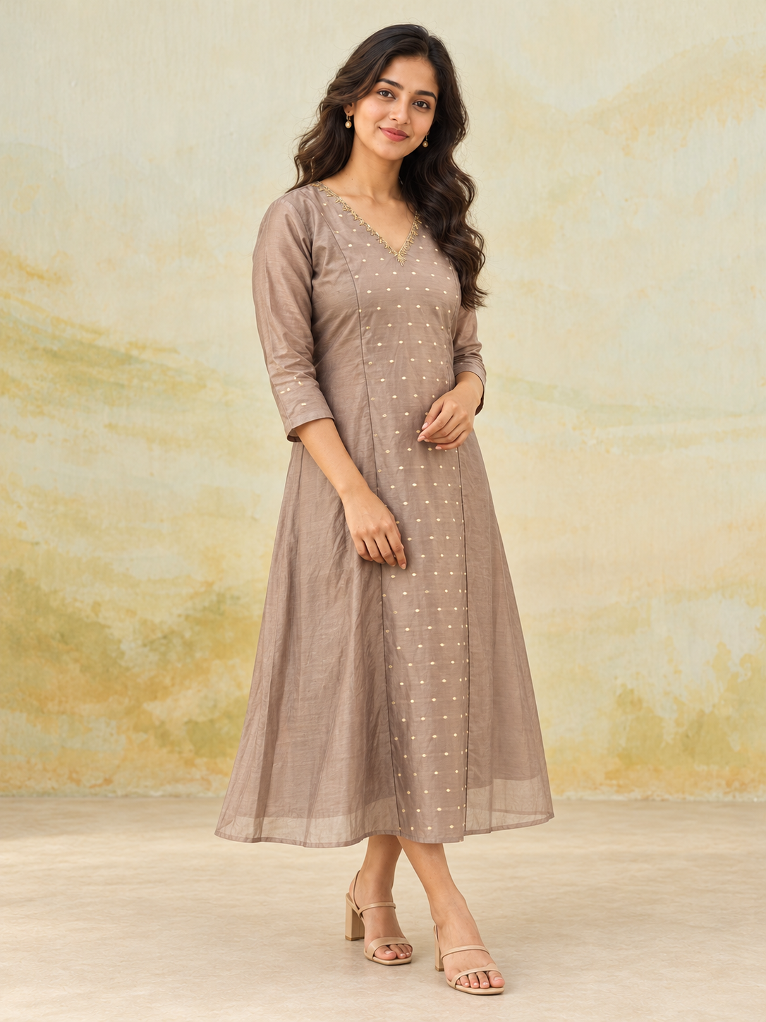 Dark beige shaded viscose mul chanderi panel cut Aline kurti with handworked neckline MBS-1505
