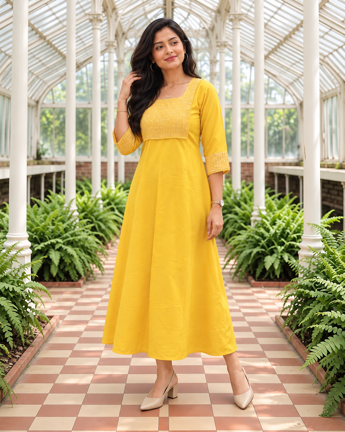 Yellow slub cotton Aline Kurti with pintucked yoke and lace MBS-1556 **Ready to dispatch**