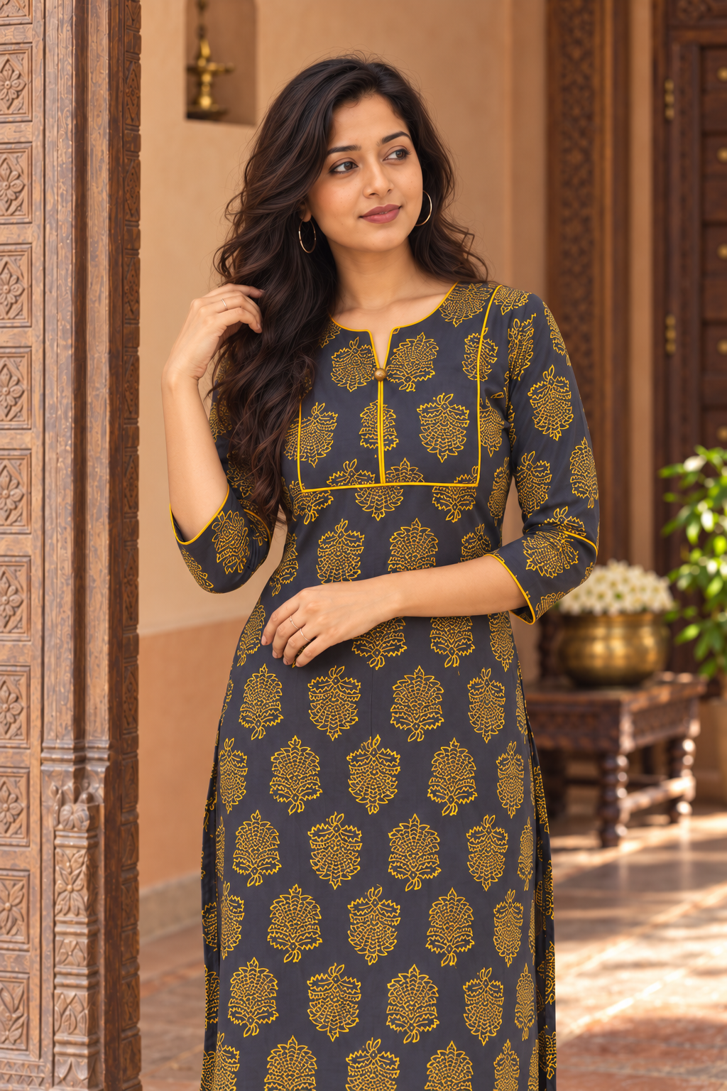 Yellow floral Printed pure cotton slitted Kurti MBS-1519 **Ready to dispatch**