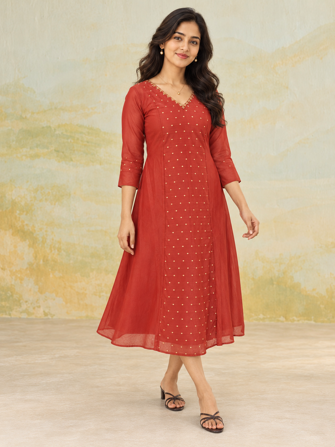 Brick red shaded viscose mul chanderi panel cut Aline kurti with handworked neckline MBS-1504