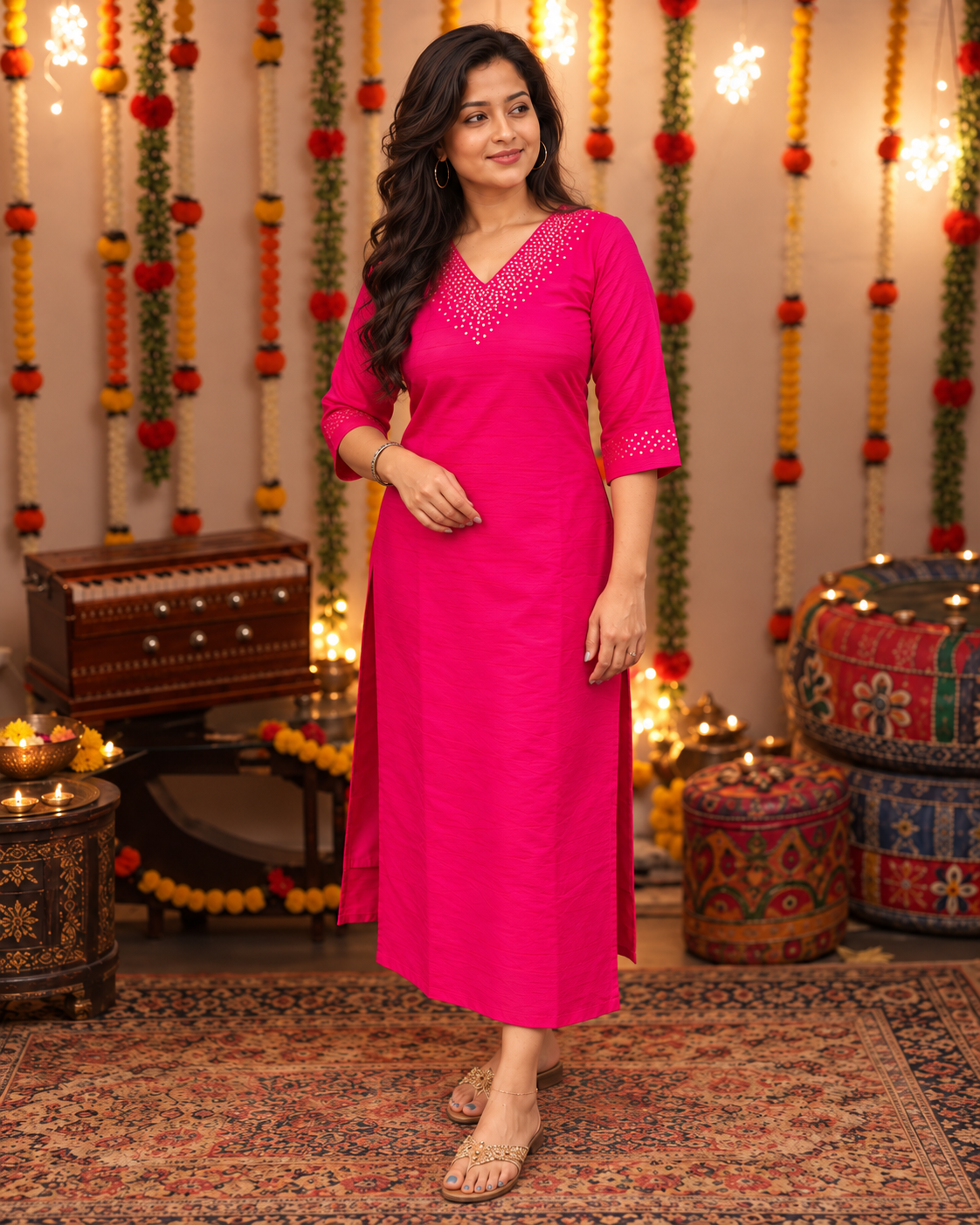 Rani pink shaded raw silk kurti with handworked neckline MBS-1342 **Ready to dispatch**