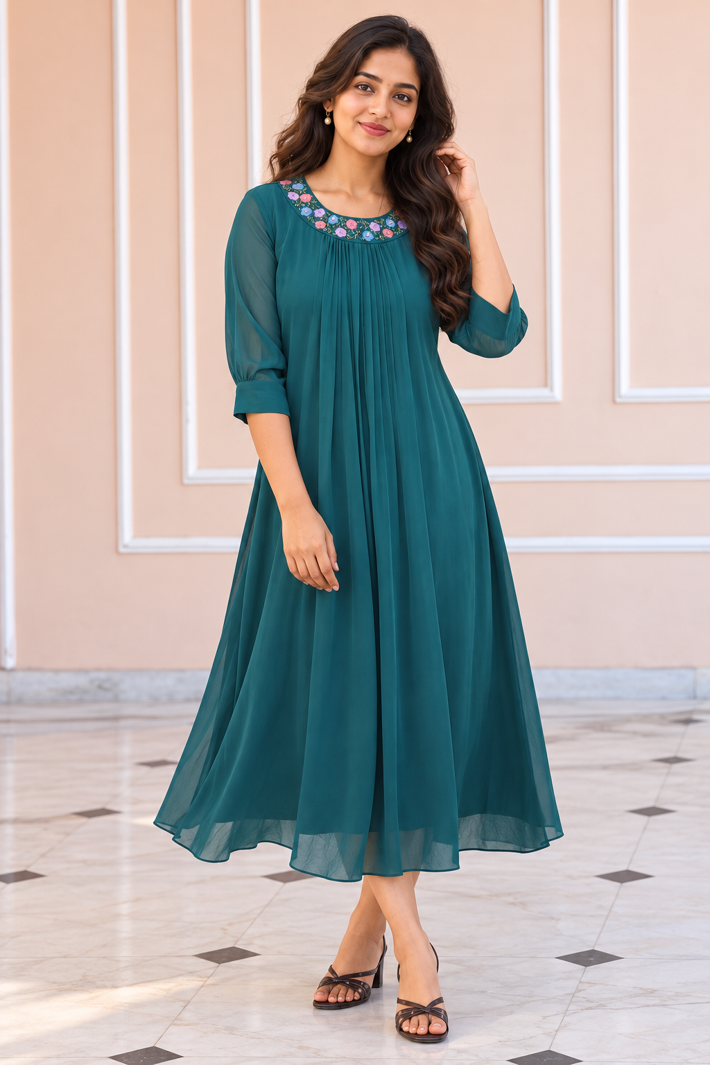 Dusty green shaded georgette Aline kurti handworked neckline MBS-1446 **Ready to dispatch**
