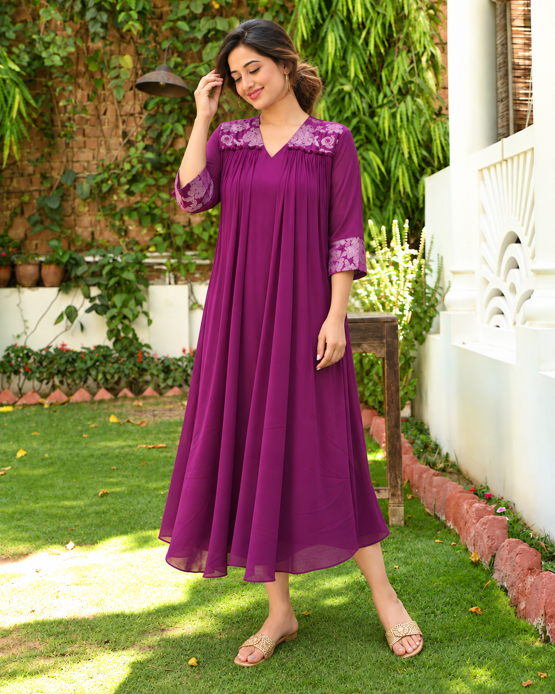 Dark grape shaded georgette Aline kurti with brocade patch MBS-1527 **Ready to dispatch**