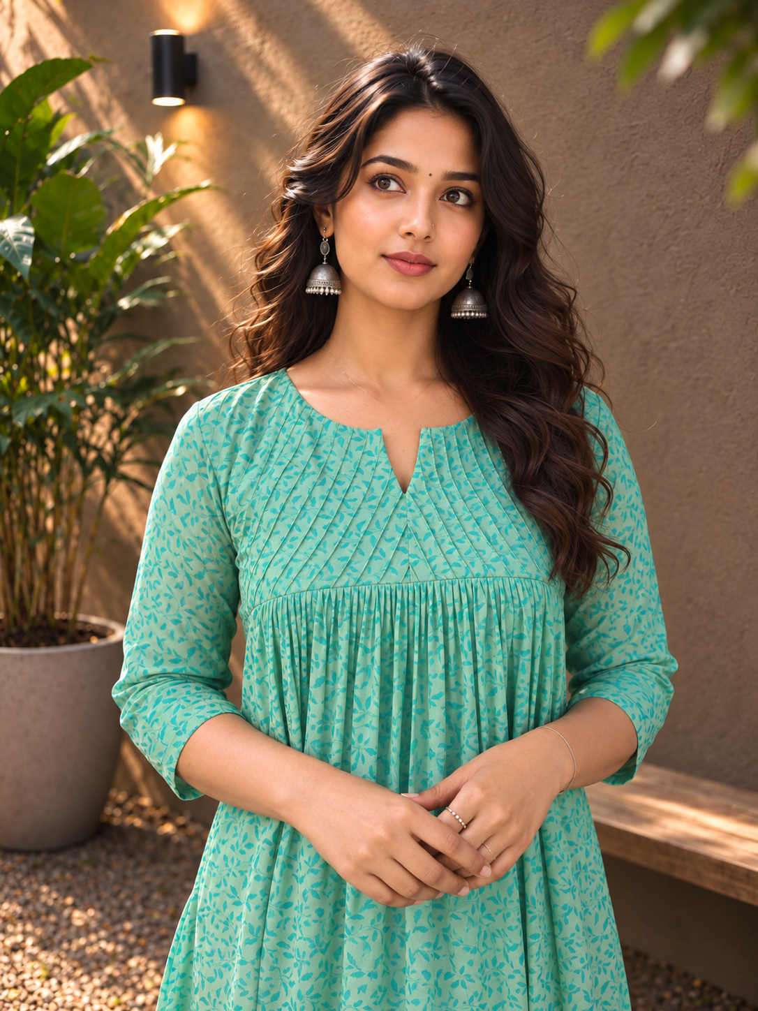 Green printed soft georgette Aline kurti with pintucked yoke MBS-1427 **Ready to dispatch**