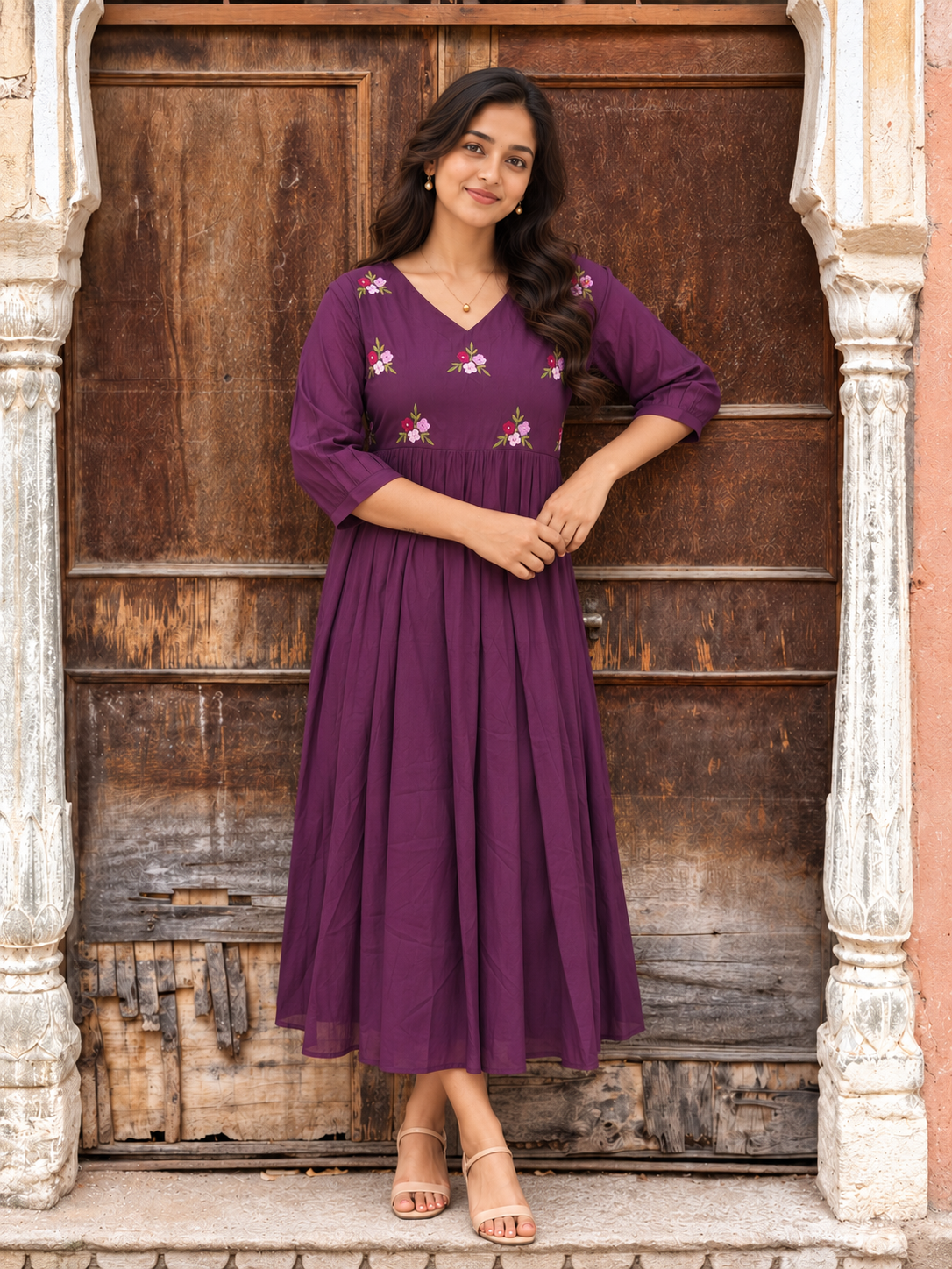 Dark grape vertical stripped cotton Aline kurti with floral thread embroidery detailings on yoke MBS-1449 **Ready to dispatch**