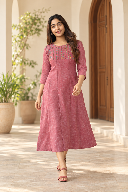 Amaranth shaded (weaved with golden zari) jute mix cotton panel cut Aline kurti with hand embroidered yoke MBS-1414 **Ready to dispatch**