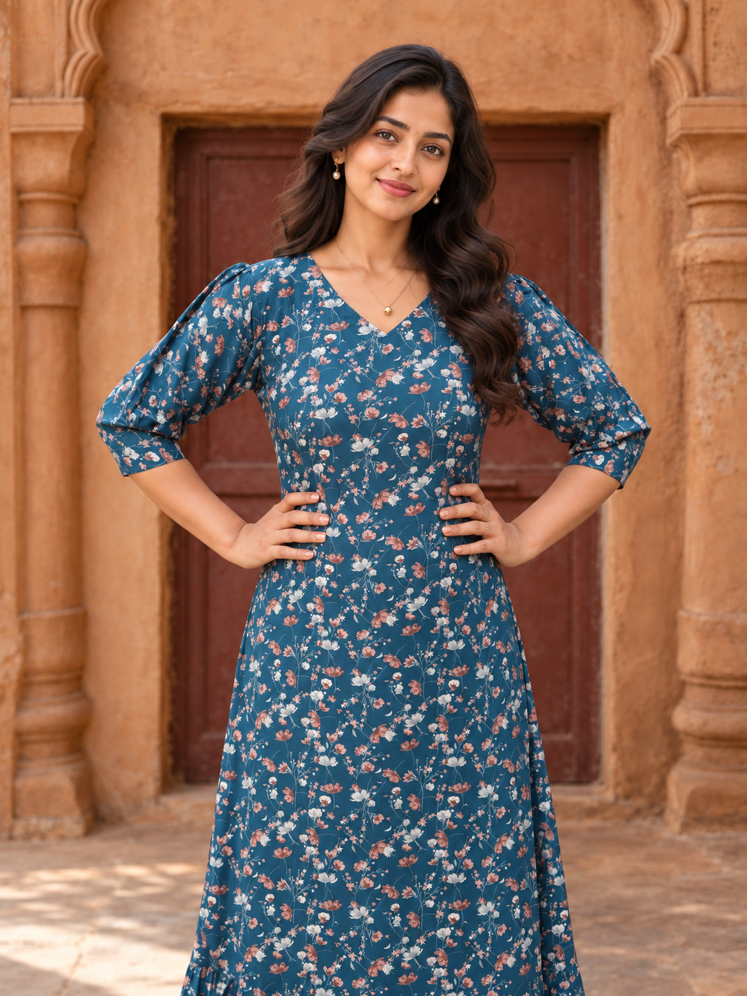 Blue floral printed reyon kurti with frilled hemline MBS-1499 **Ready to dispatch**