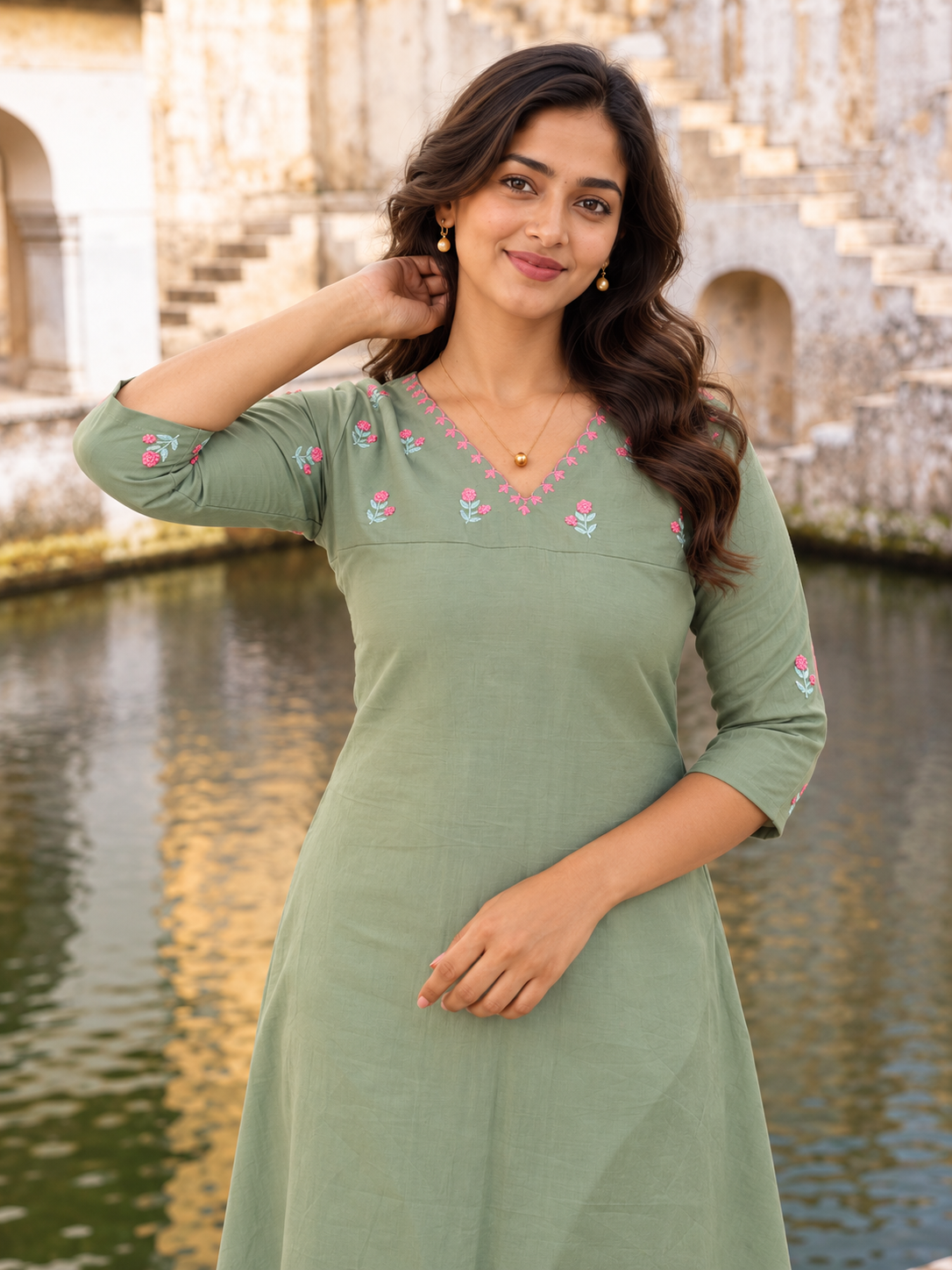 Sage green shaded semi silk Aline kurti with thread embroidered yoke MBS-1271