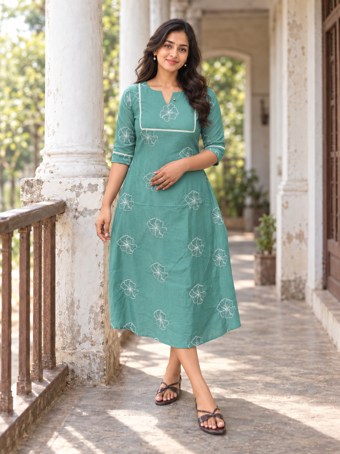 MBS1498 Aqua green shaded viscose mul chanderi Aline kurti with all over floral thread embroidery detailings MBS-1498 **Ready to dispatch**