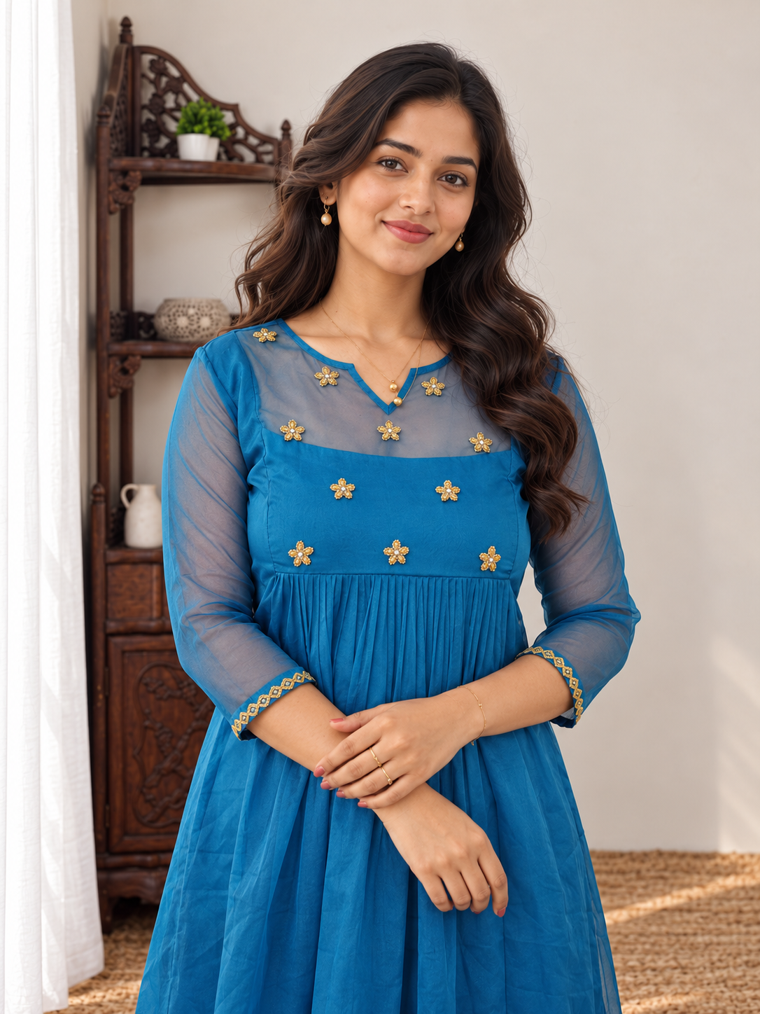 Blue organza Aline kurti with handworked yoke MBS-1425 **Ready to dispatch**