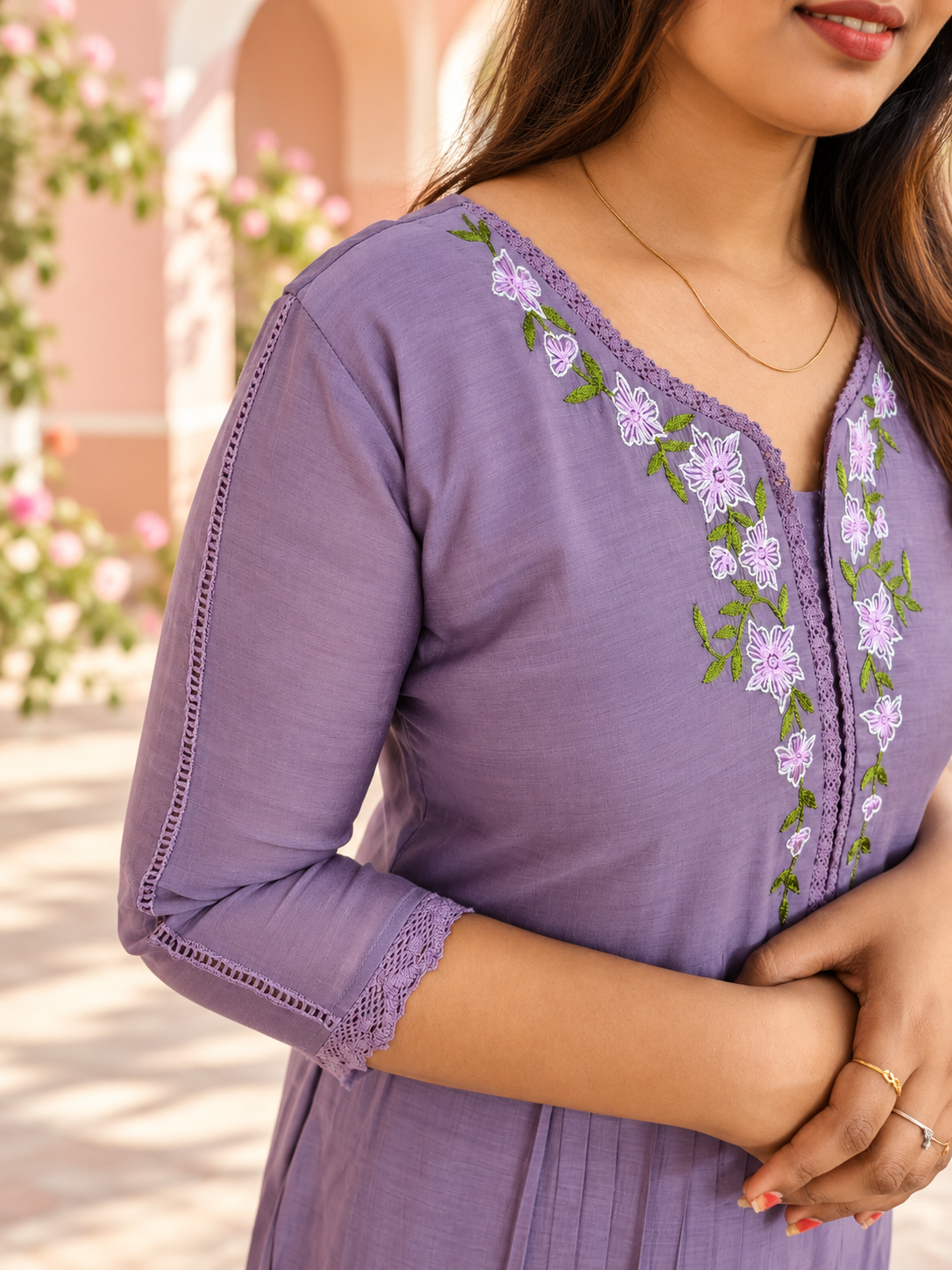 Lavender shaded roman silk Aline Kurti with hand embroidery and lace detailings MBS-1269