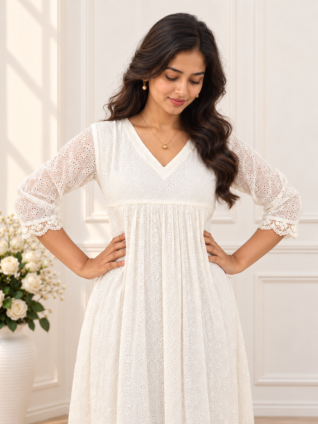 Off-white mul chanderi with floral thread cutworked fabric Aline kurti with lace detailings MBS-1416