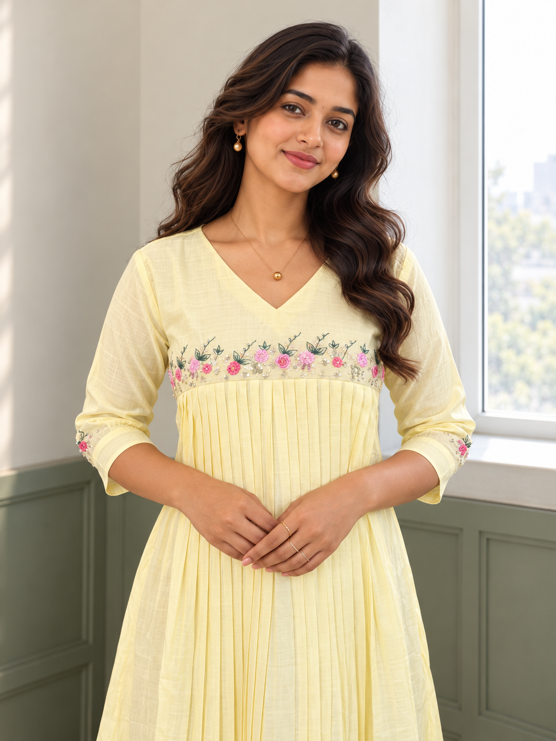 Yellow shaded vertical self stripped cotton Aline kurti with hand embroidered yoke MBS-1452